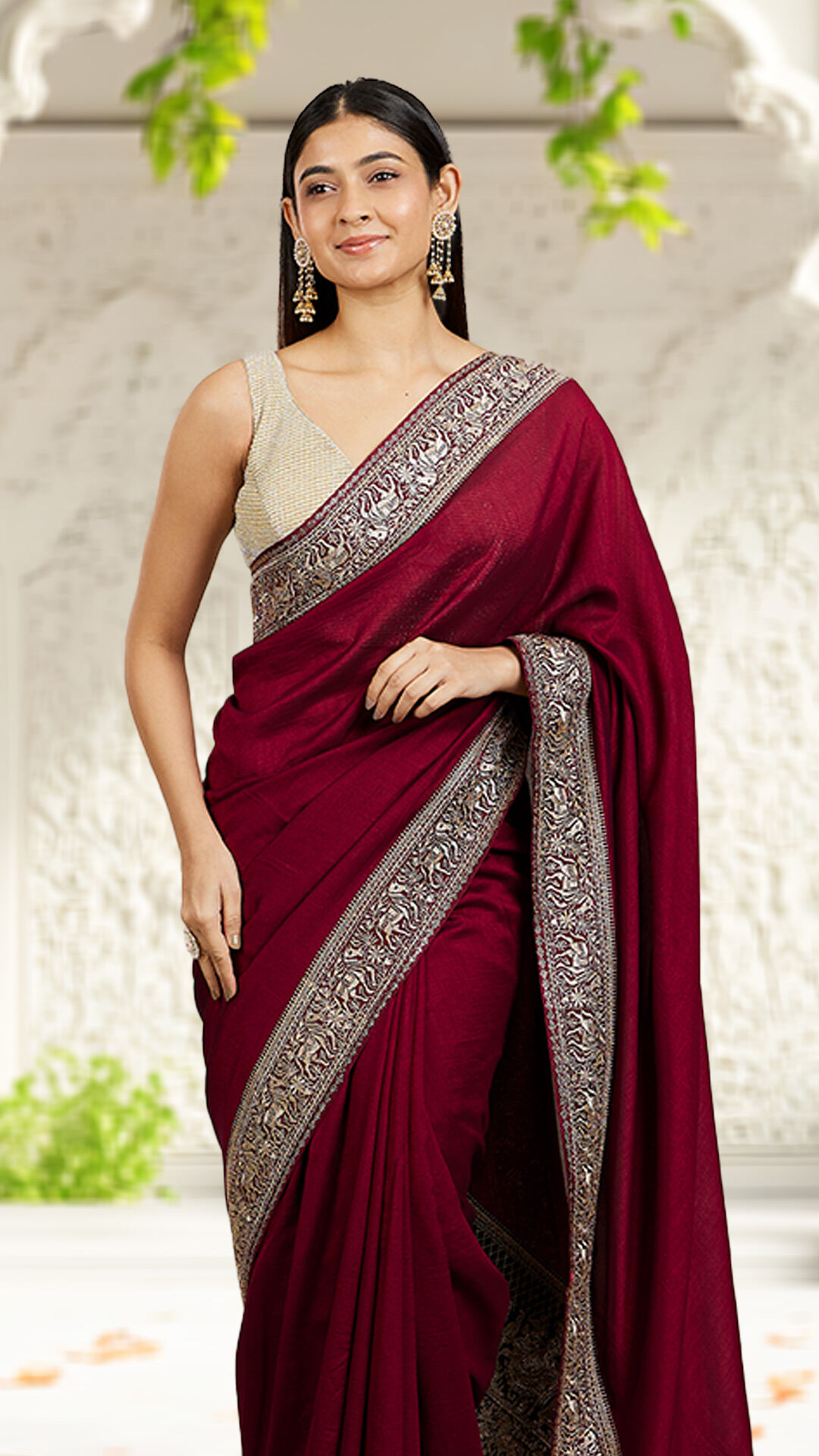 women wearing Red Rhinestone Embellished Saree